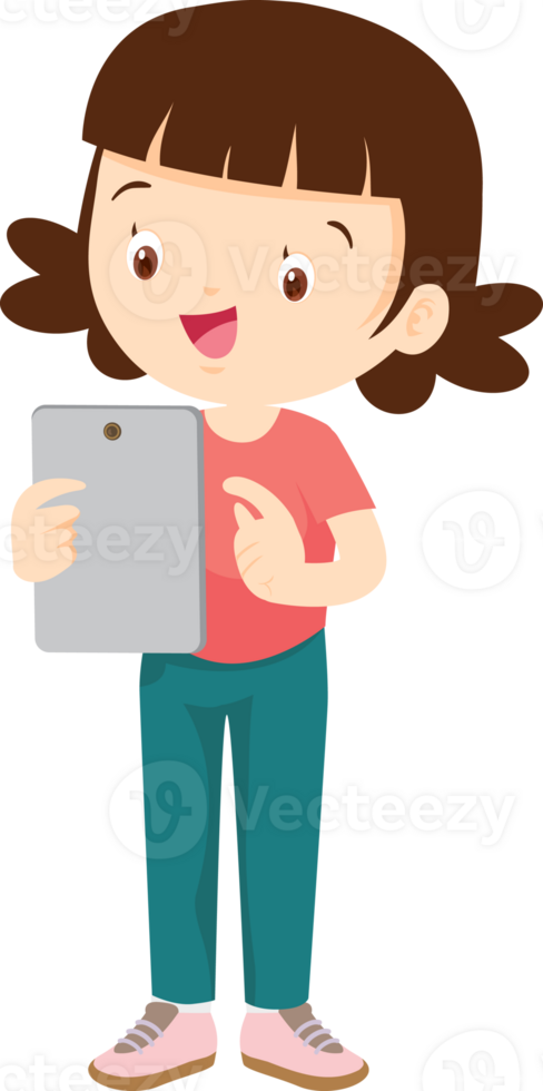 cute kids standing use smartphone and tablet gadget png