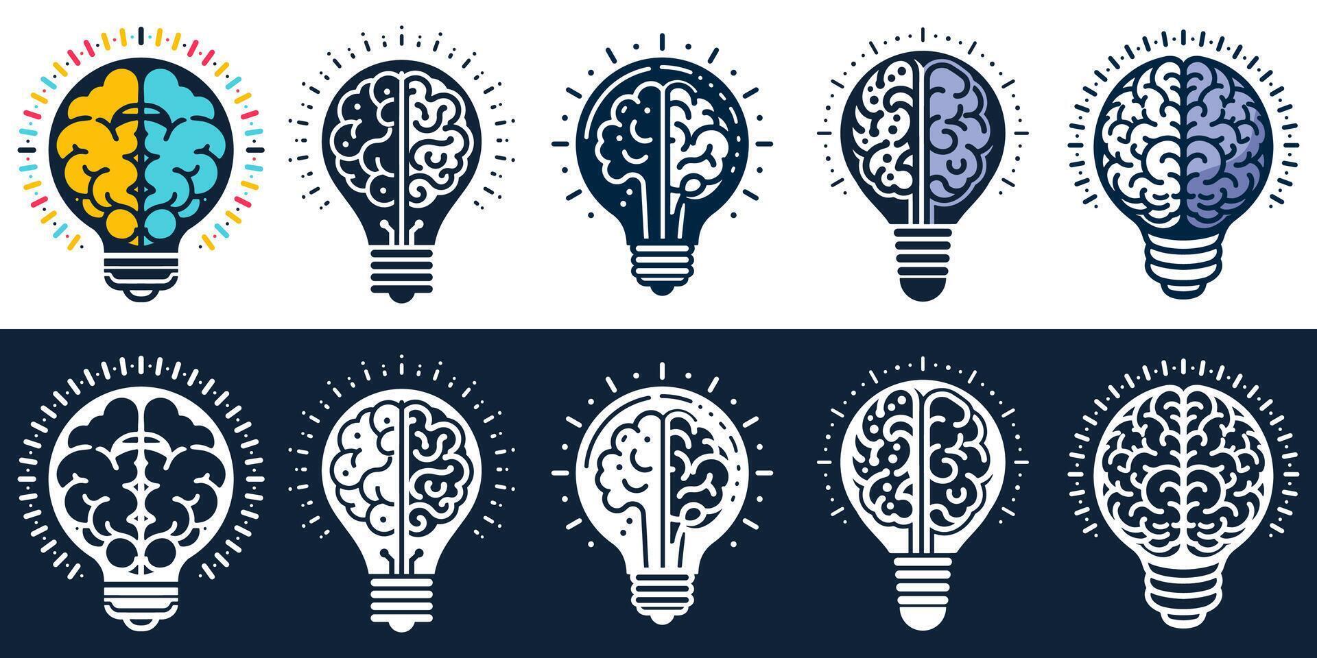 Set of Idea and Mind Logo with Brain and Light Bulb Symbol of creativity, creative idea, creative Mind and creative Thinking vector