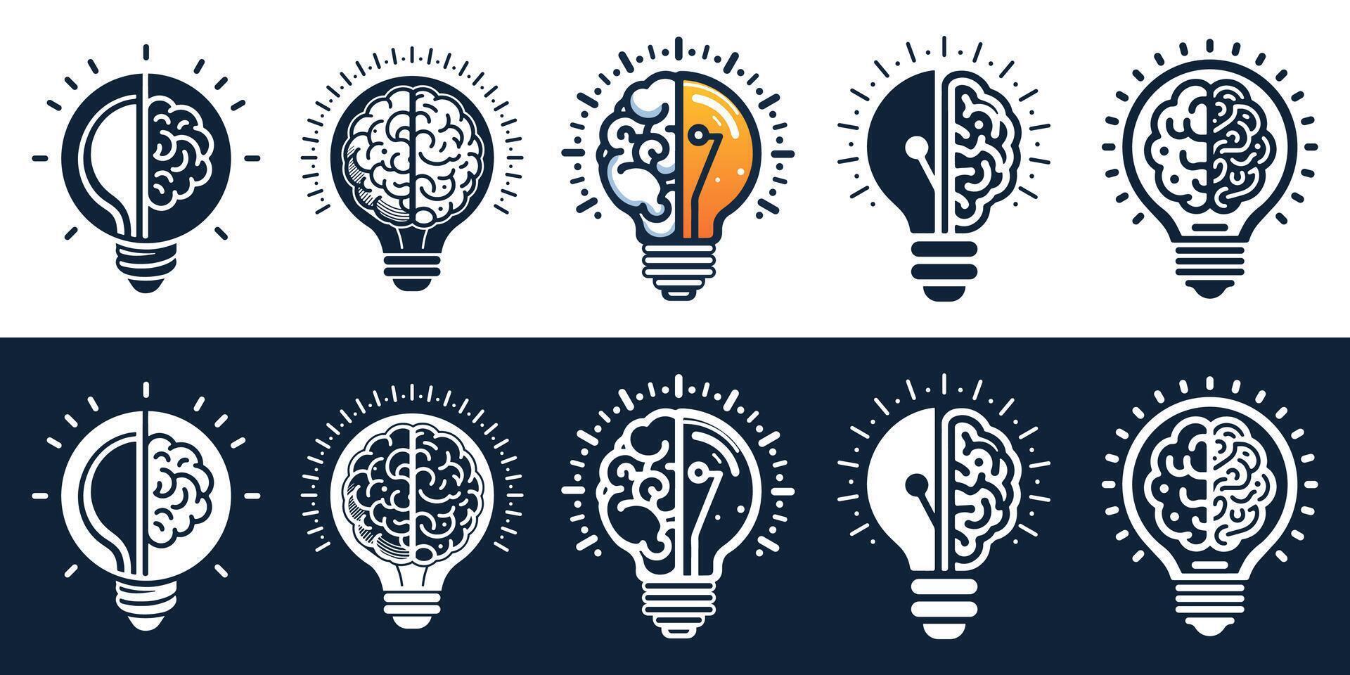 Set of Creative Mind and Idea Logo Brain and Bulb Symbol of creativity, creative idea, creative Mind and creative Thinking vector