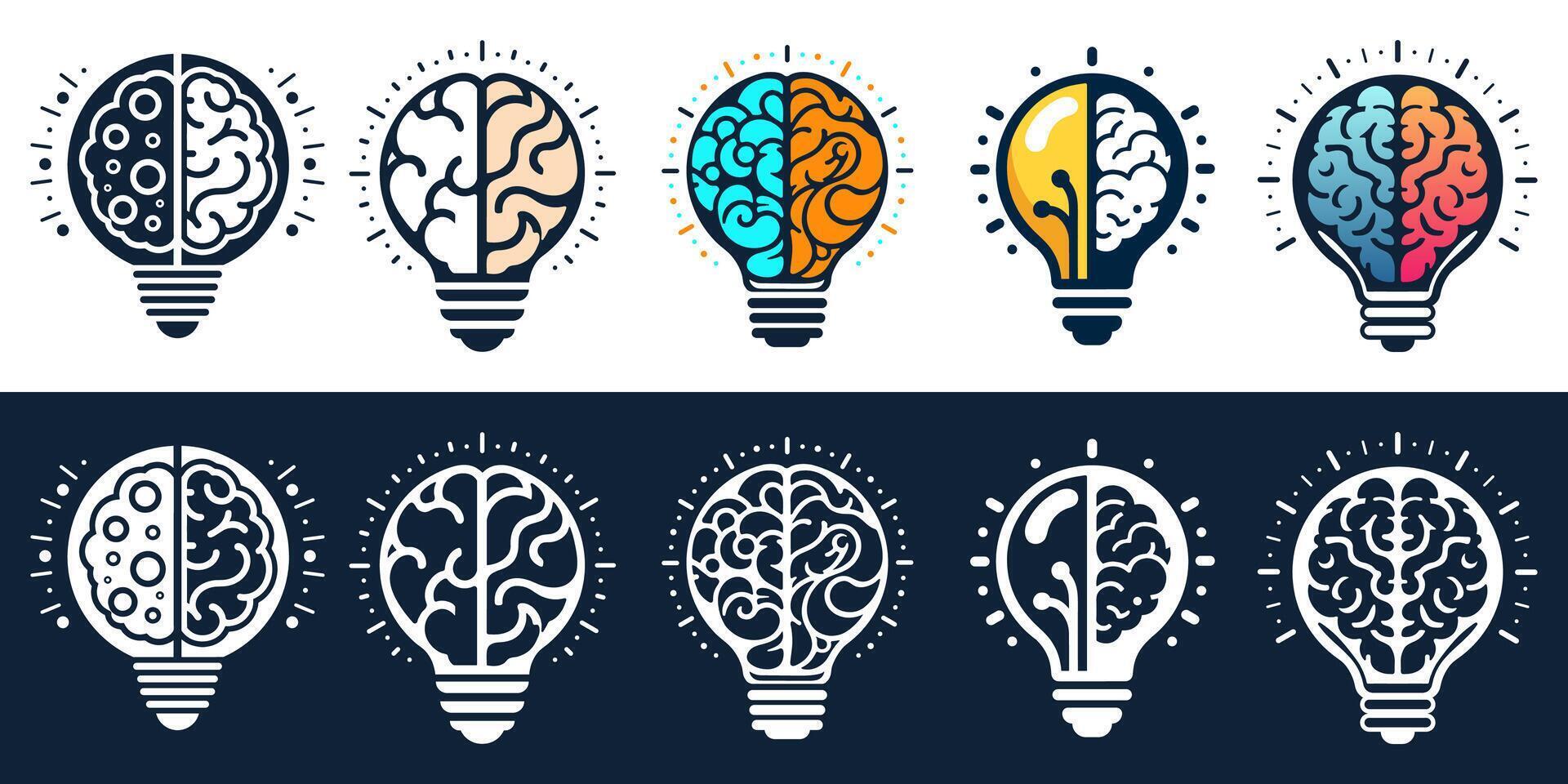 Set of Creative Mind and Idea Logo Brain and Bulb Symbol of creativity, creative idea, creative Mind and creative Thinking vector