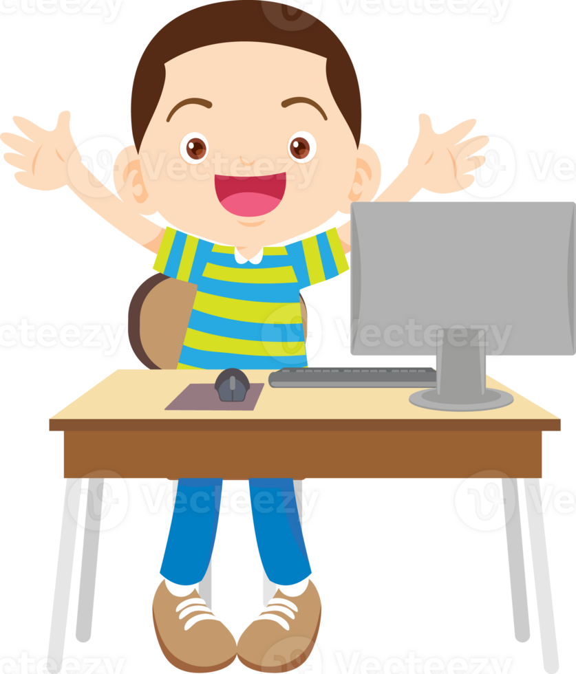 children using computer on desk png