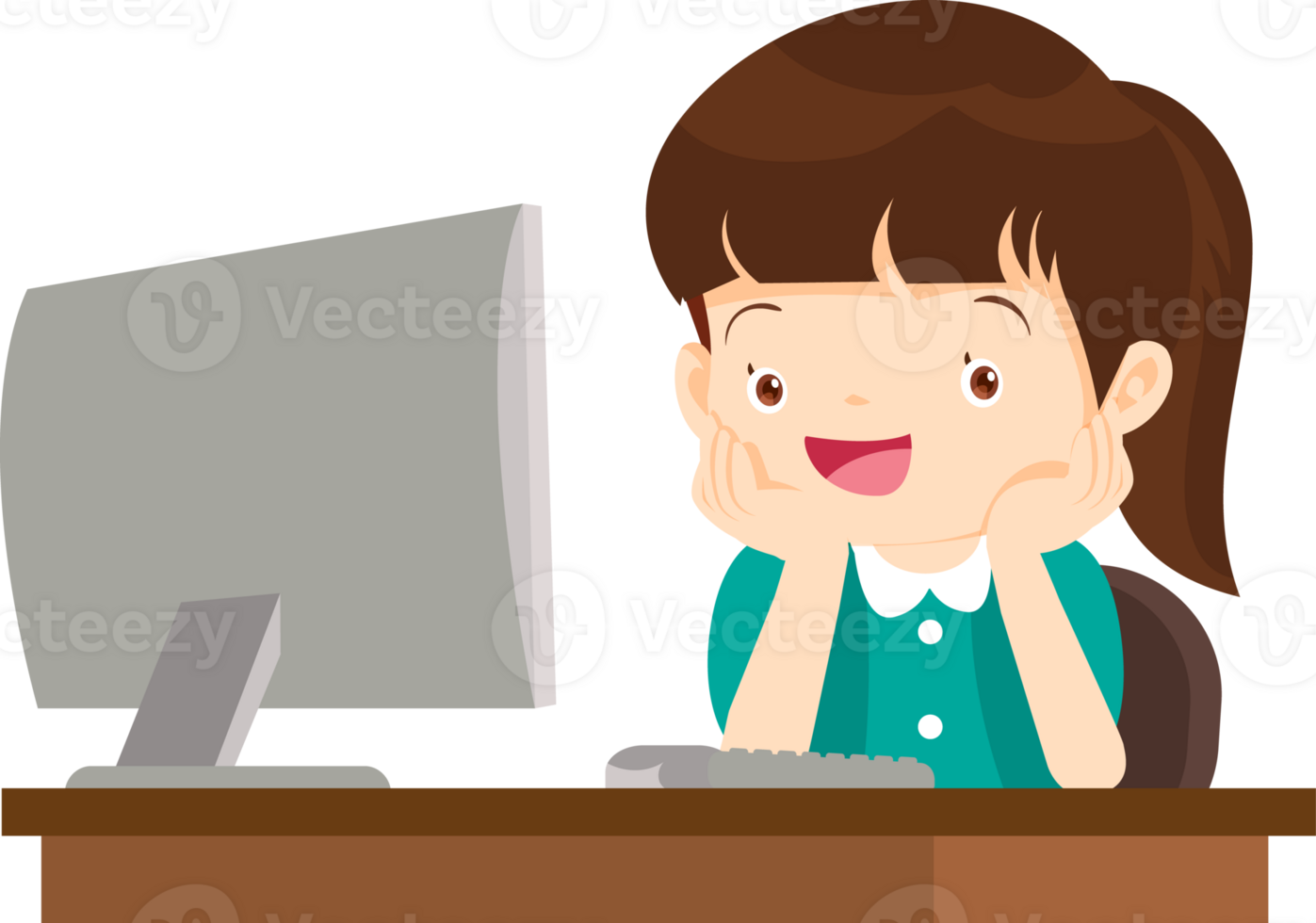 cute child sitting use computer to study png