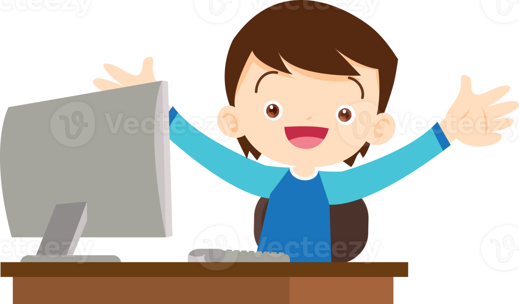 cute child sitting use computer to study png