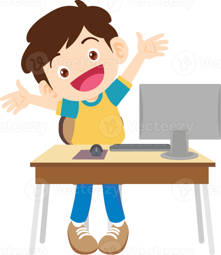 children using computer on desk png