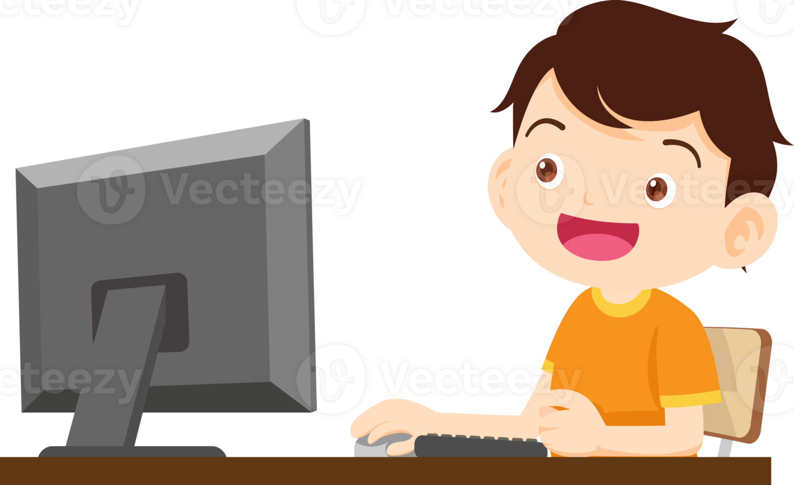 cute child sitting use computer to study png