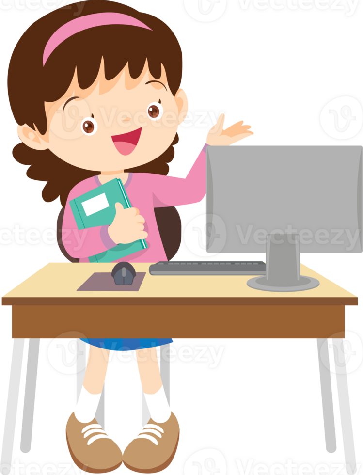 children using computer on desk png