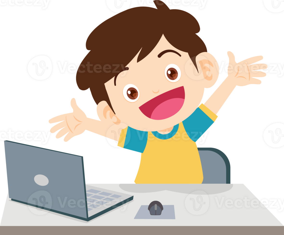 cute child sitting use computer to study png