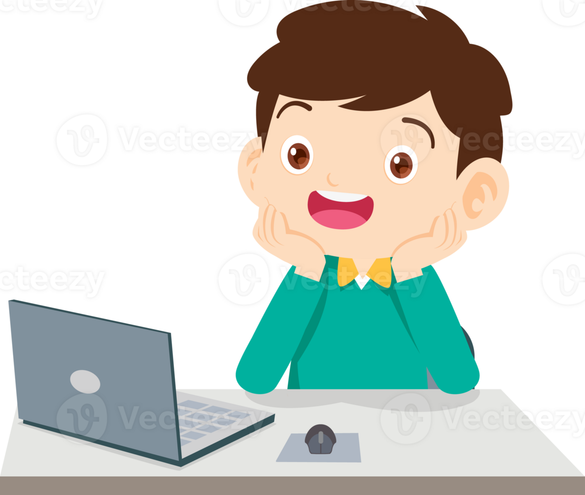 cute child sitting use computer to study png