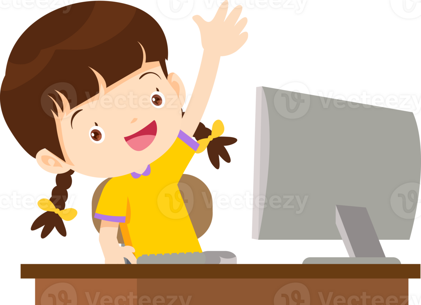 cute child sitting use computer to study png