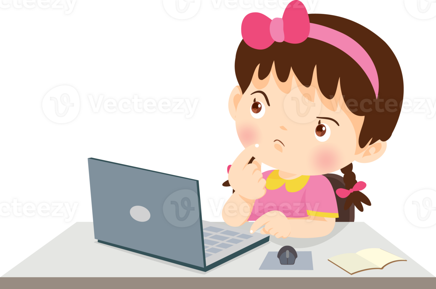 cute child sitting use computer to study png