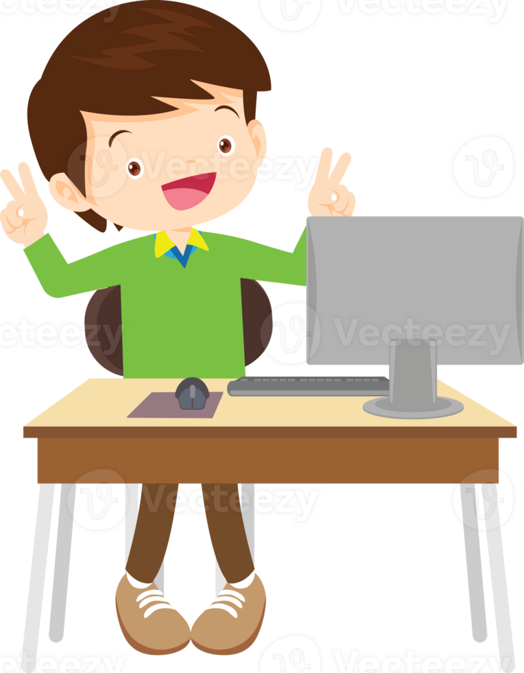 children using computer on desk png