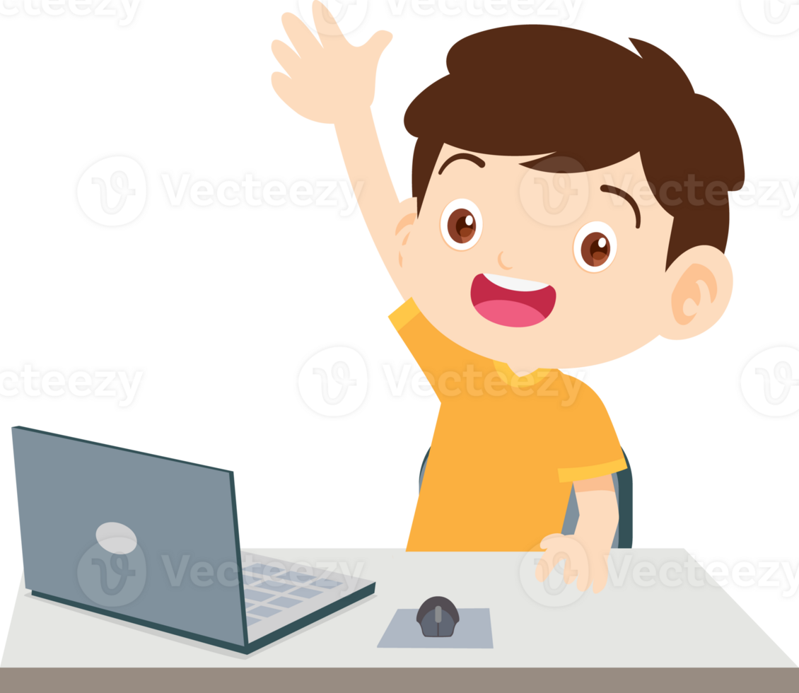 cute child sitting use computer to study png