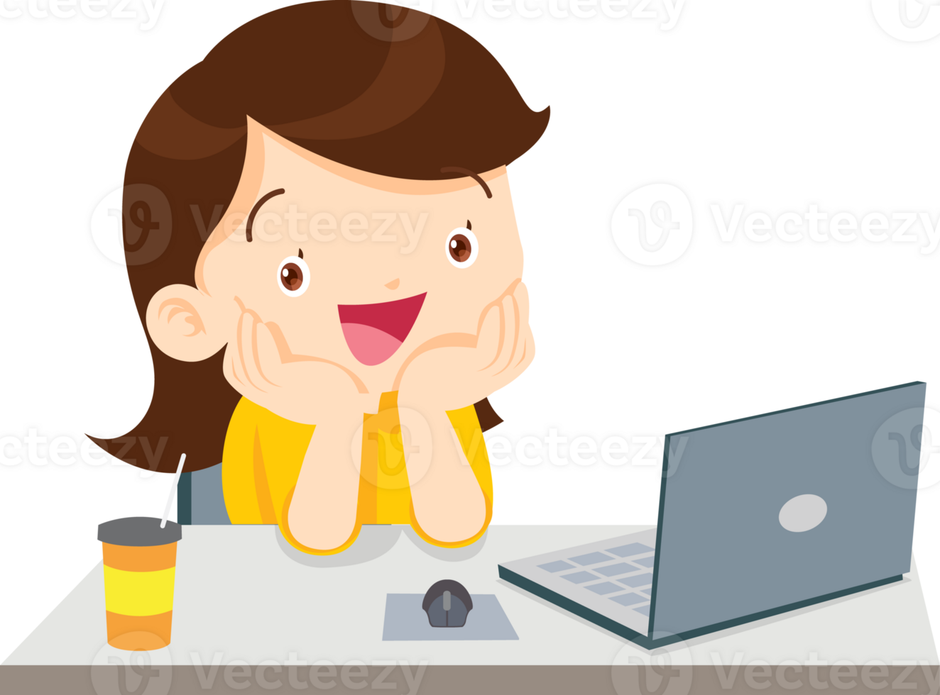 cute child sitting use computer to study png