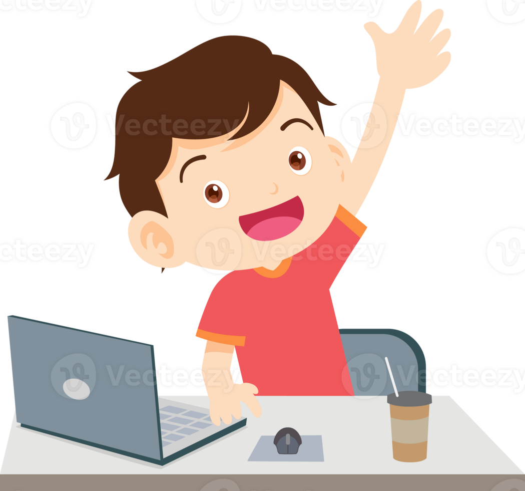 cute child sitting use computer to study png