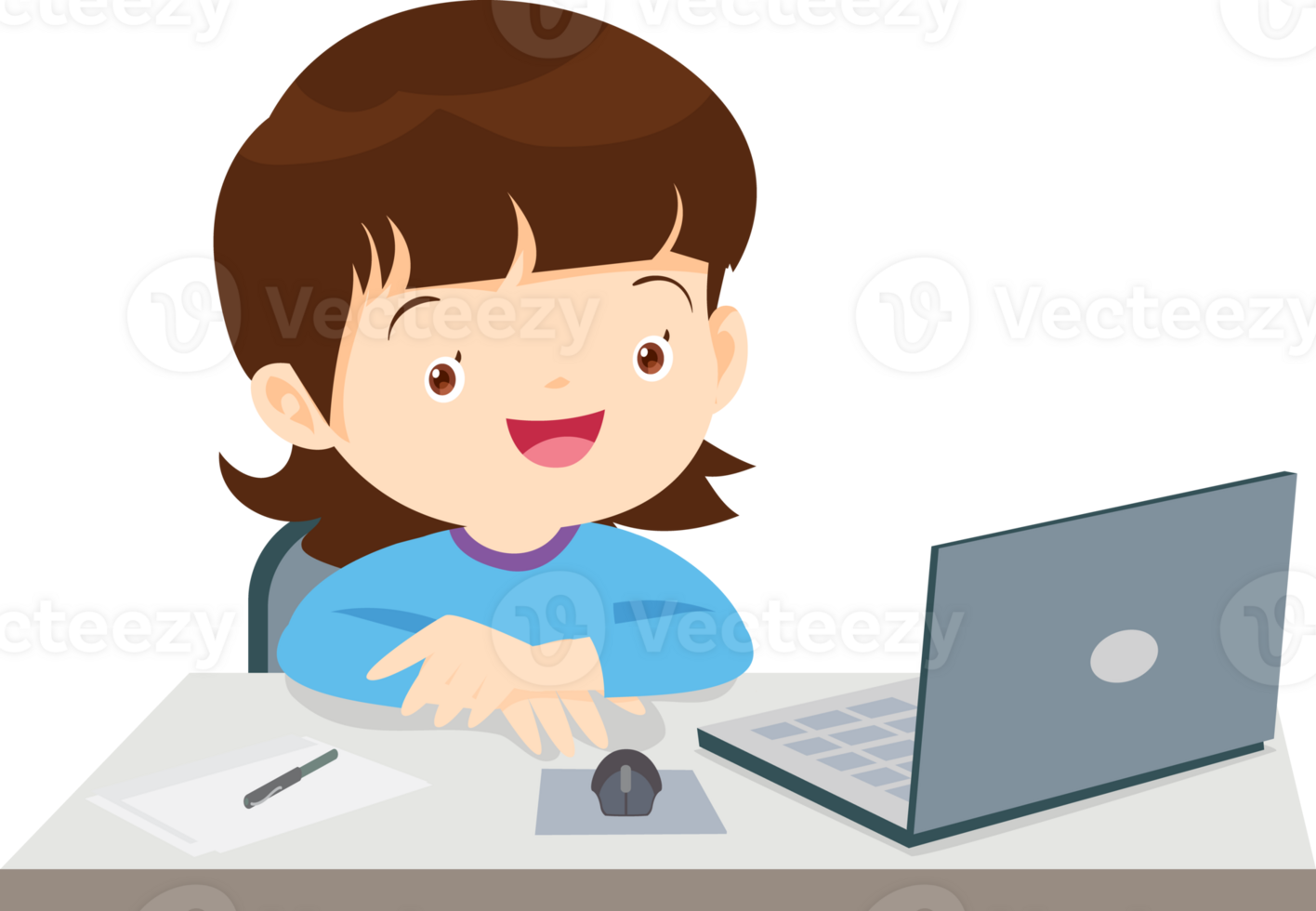 cute child sitting use computer to study png