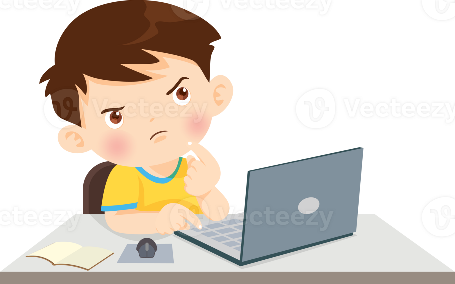 cute child sitting use computer to study png