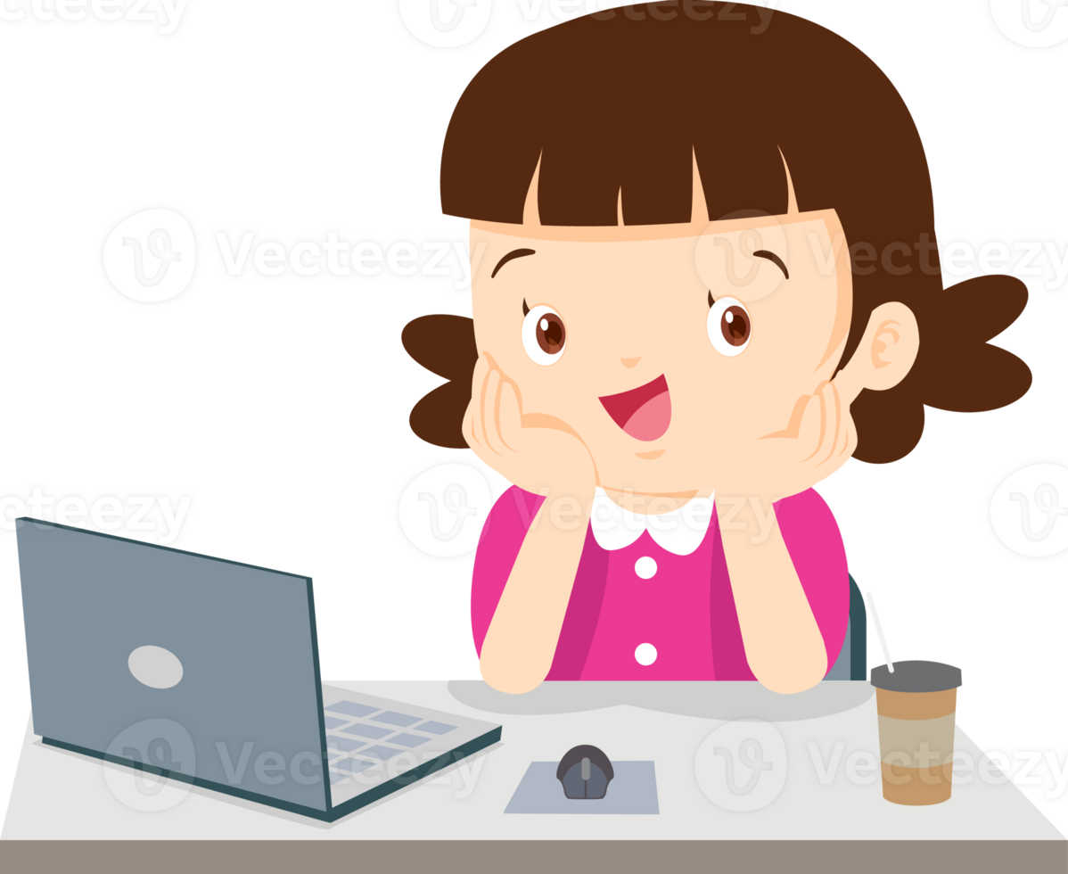 cute child sitting use computer to study png