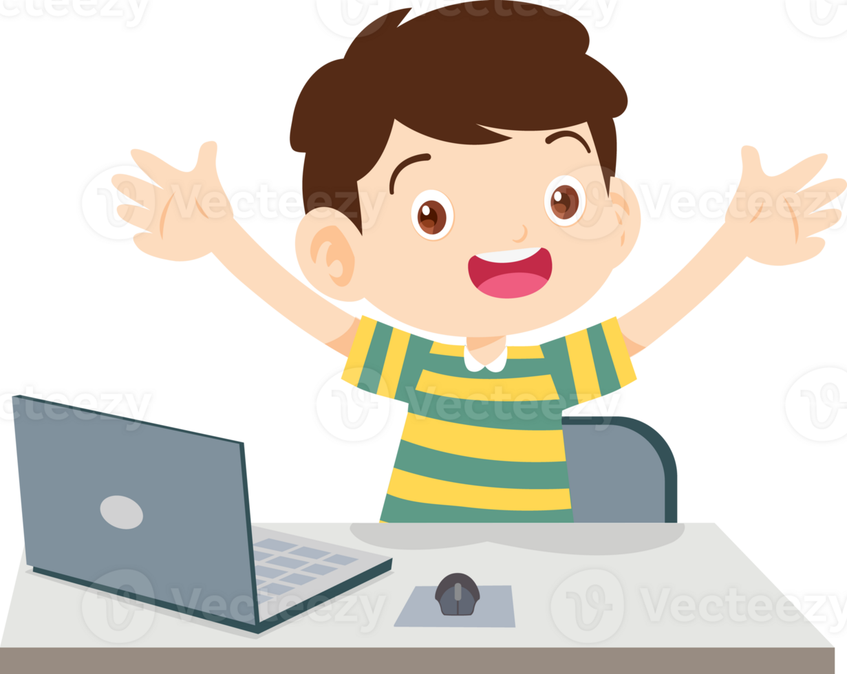 cute child sitting use computer to study png