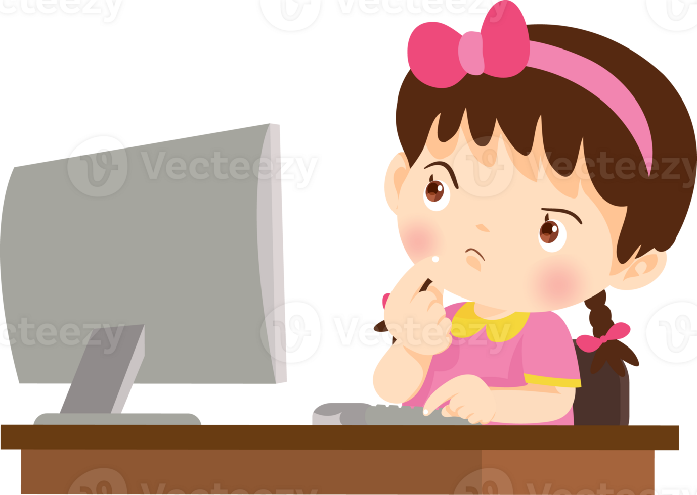 cute child sitting use computer to study png