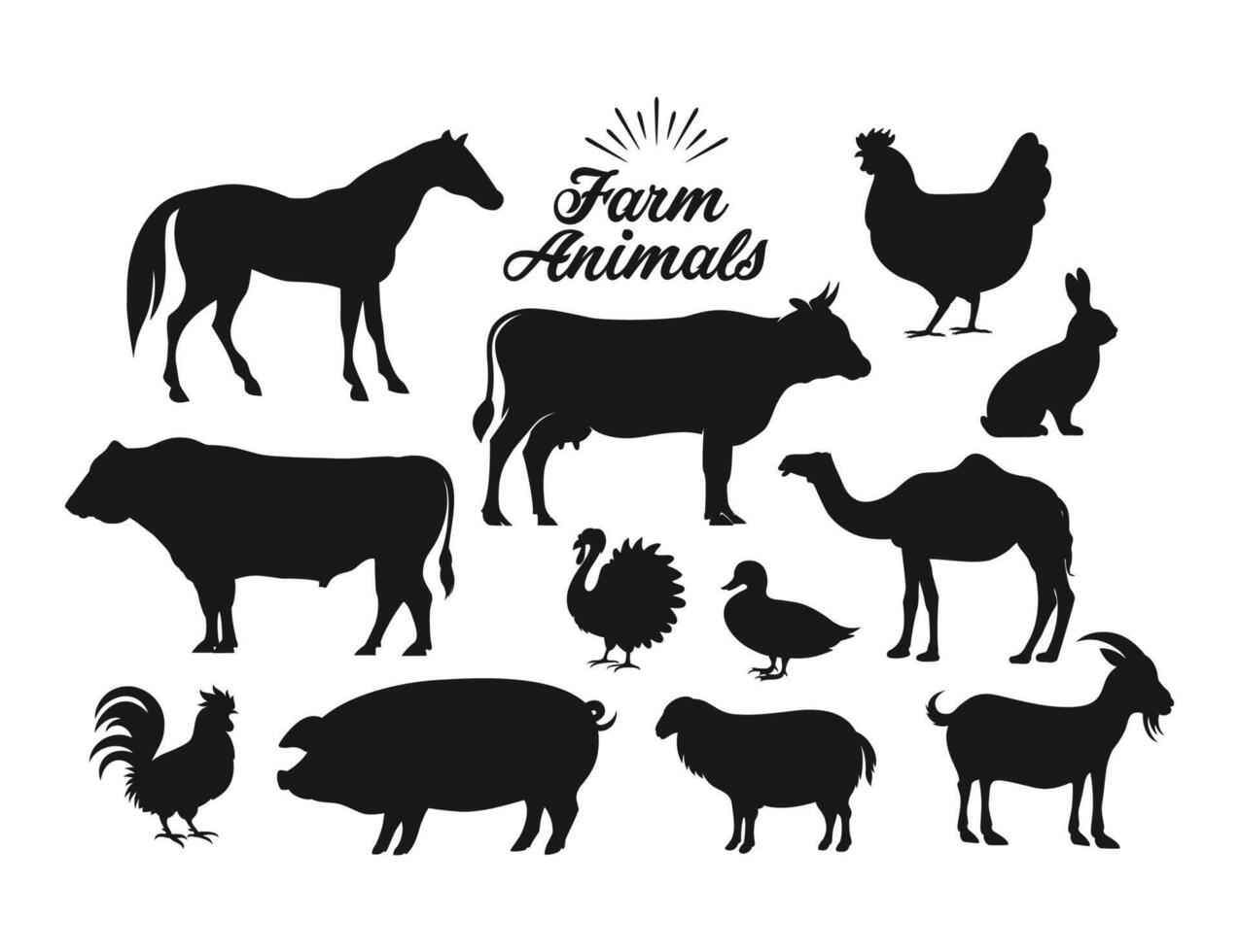 Farm animals. Horse, cow, bull, sheep, pig, rooster, chicken, hen, goose, rabbit, turkey, goat, camel, duck on white background. vector