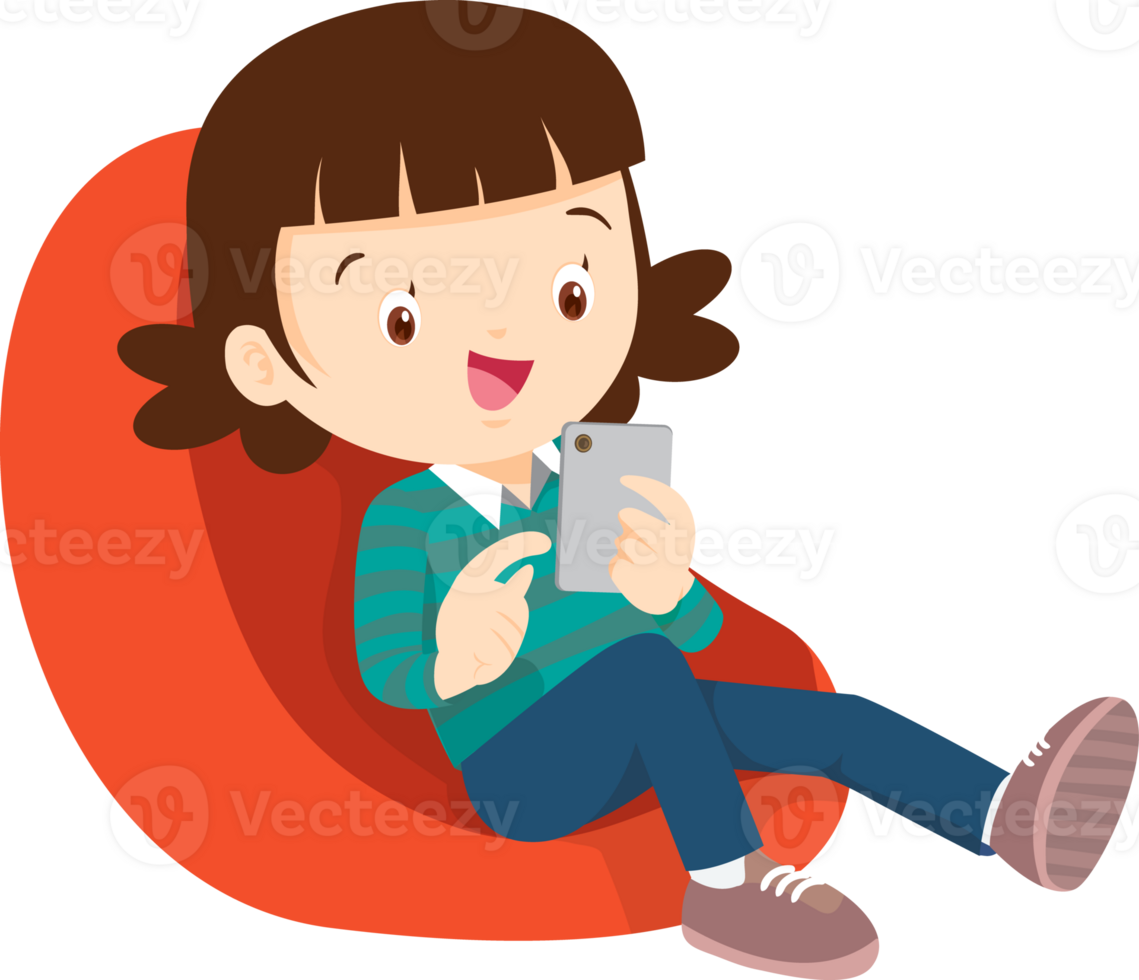 child relax with mobile gadget sitting on beanbag png