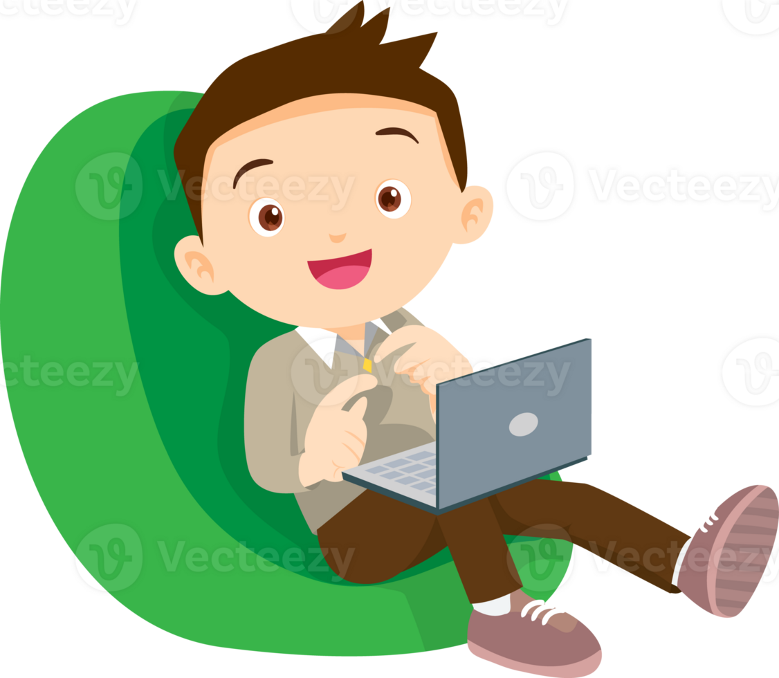 child relax with mobile gadget sitting on beanbag png