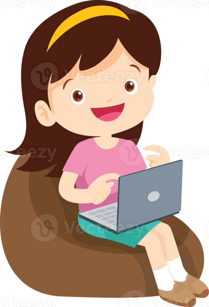 child relax with mobile gadget sitting on beanbag png