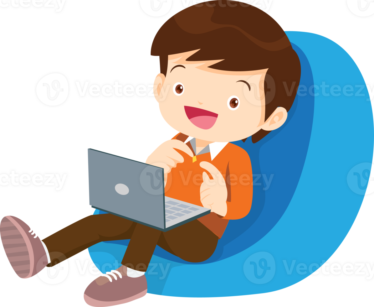 child relax with mobile gadget sitting on beanbag png