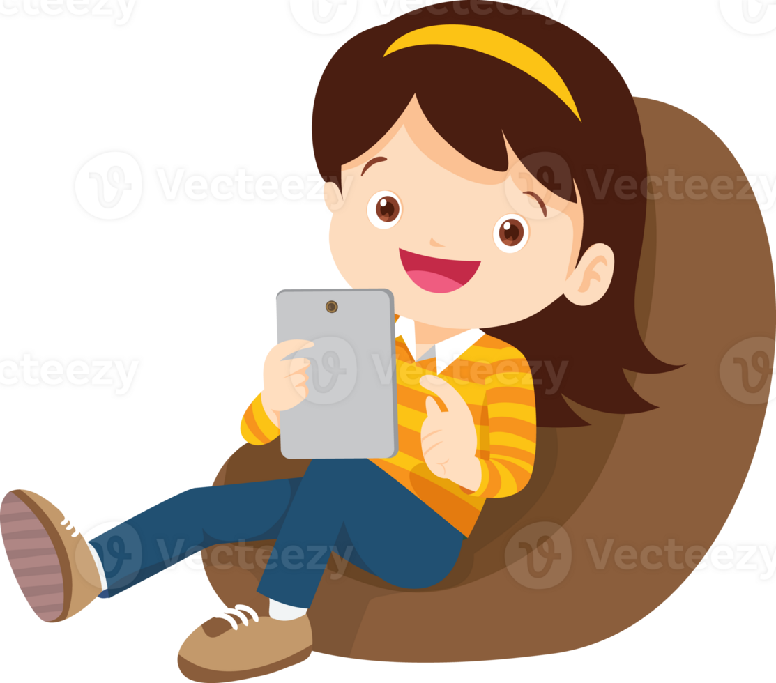 child relax with mobile gadget sitting on beanbag png