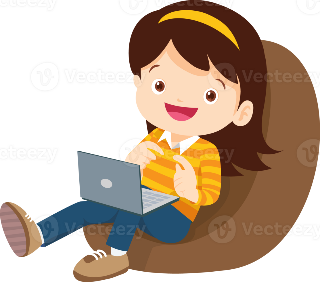 child relax with mobile gadget sitting on beanbag png