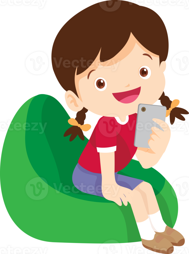 child relax with mobile gadget sitting on beanbag png