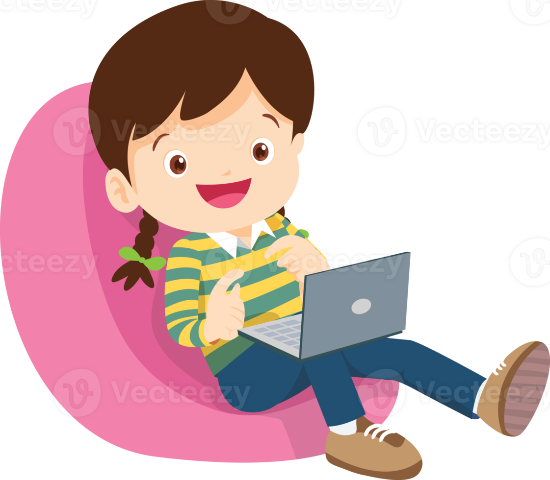 child relax with mobile gadget sitting on beanbag png