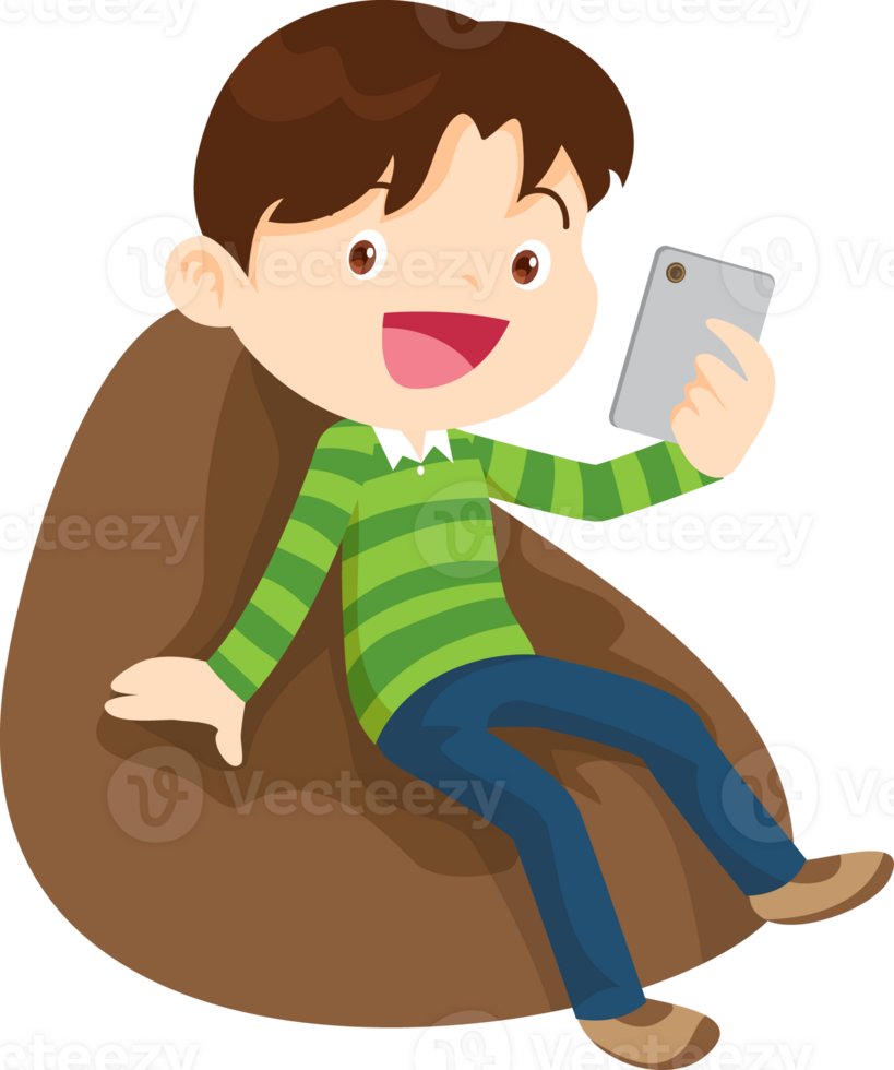 child relax with mobile gadget sitting on beanbag png