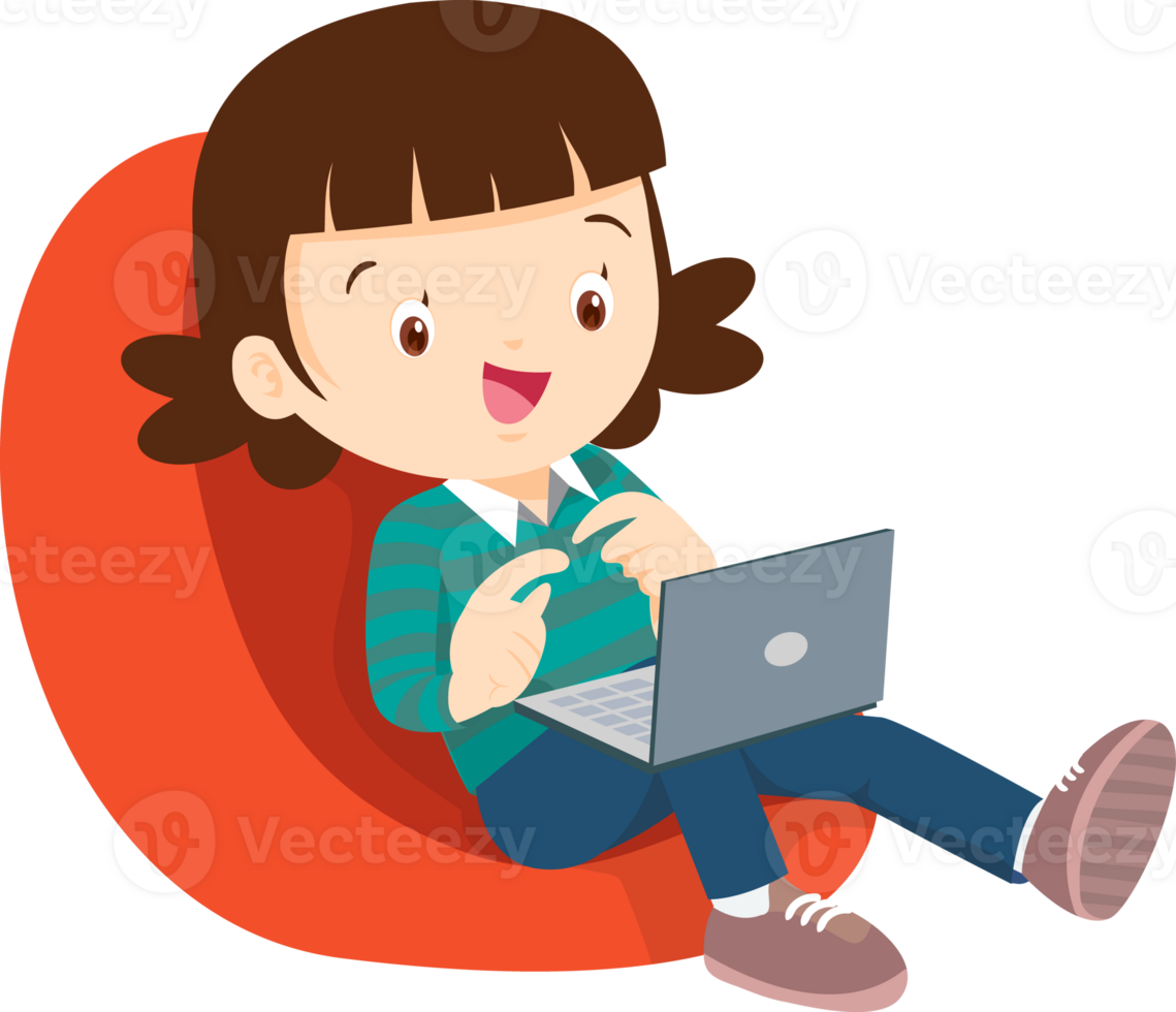child relax with mobile gadget sitting on beanbag png