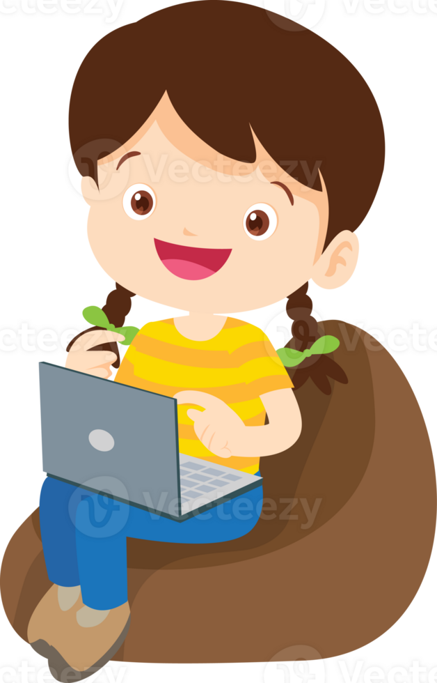 child relax with mobile gadget sitting on beanbag png