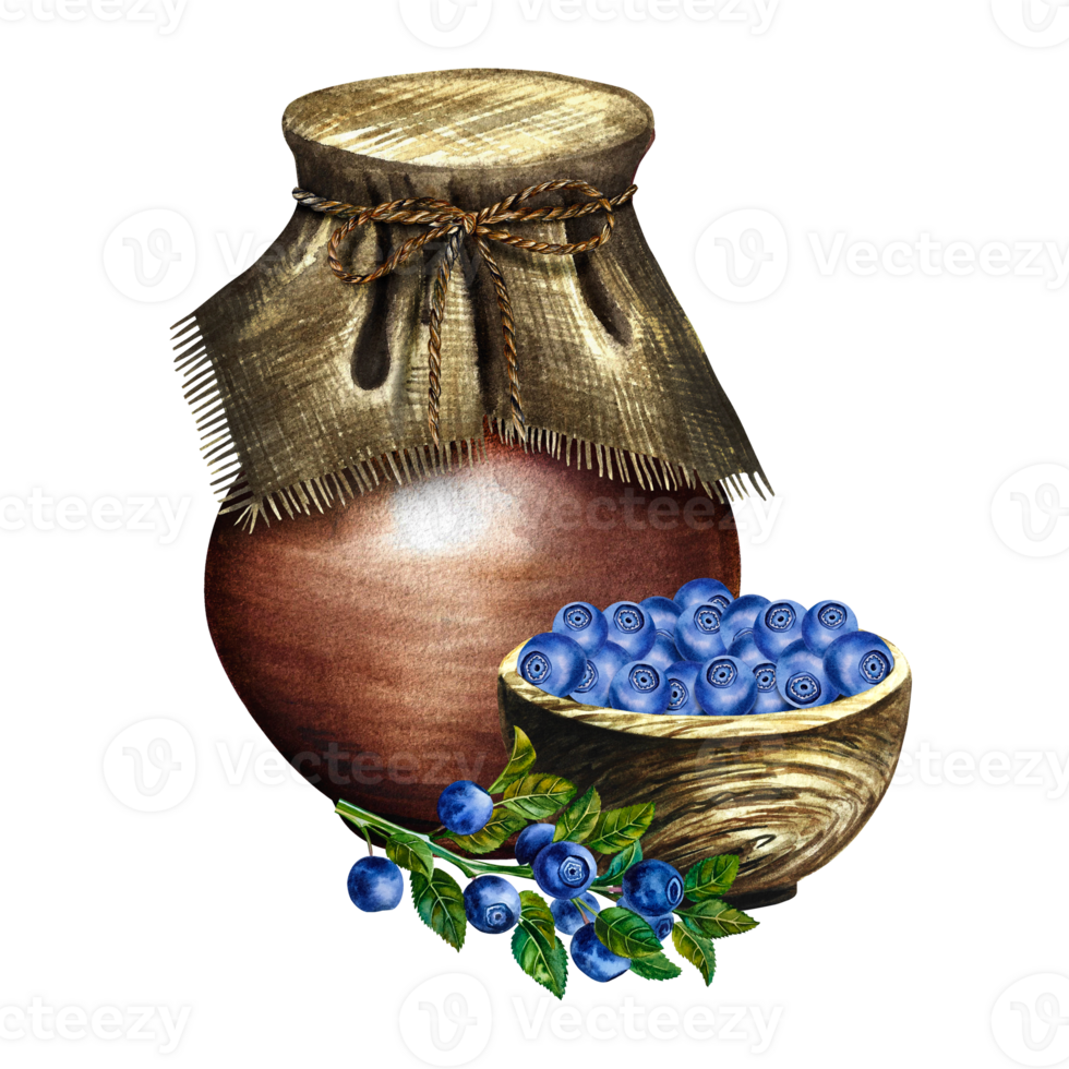 Blueberries in a wooden bowl next to an earthenware jug. Blueberry yogurt. Rustic still life. Handmade watercolor illustrations. Isolates. For packages, labels and flyers. For banners, stickers. png