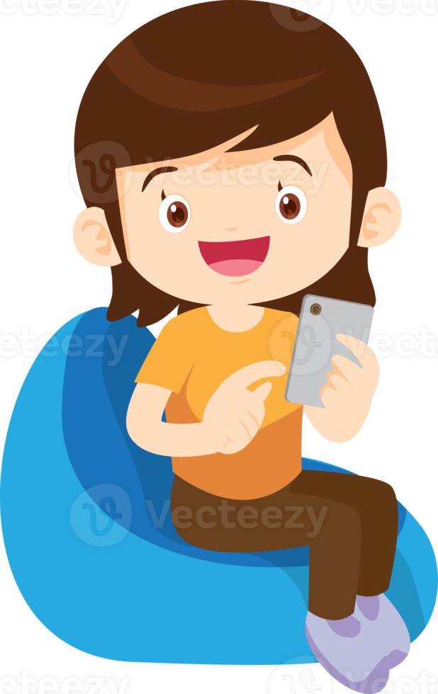 child relax with mobile gadget sitting on beanbag png