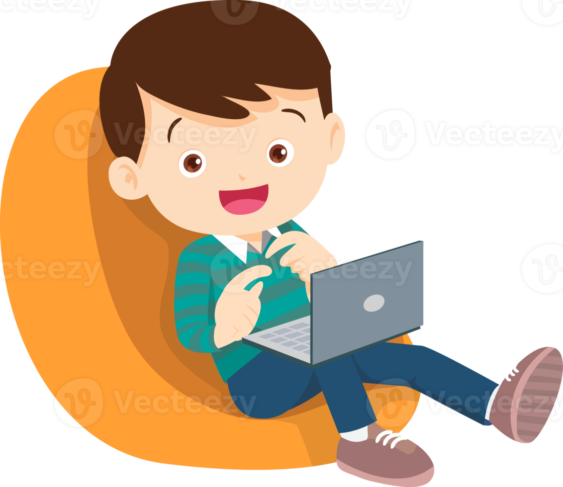 child relax with mobile gadget sitting on beanbag png