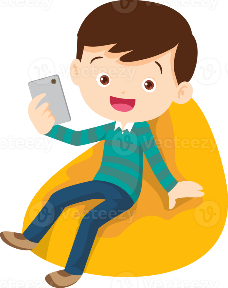 child relax with mobile gadget sitting on beanbag png