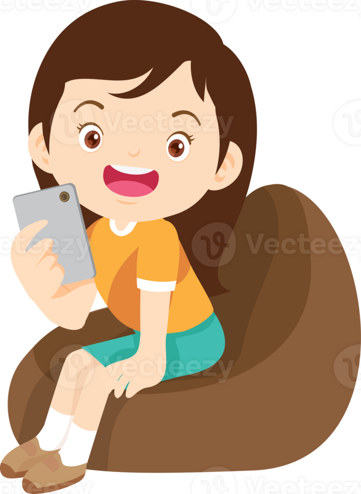 child relax with mobile gadget sitting on beanbag png