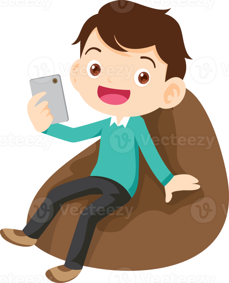 child relax with mobile gadget sitting on beanbag png