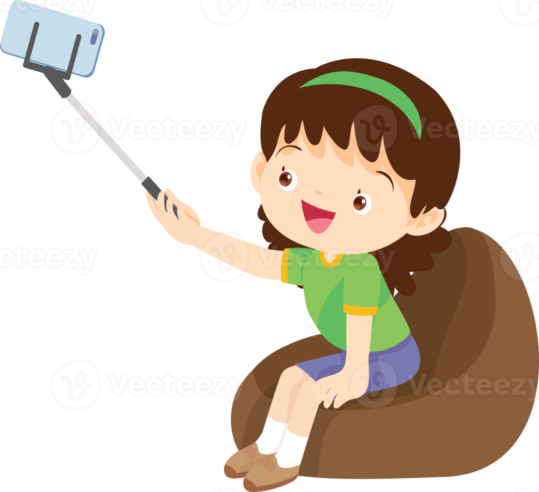 child relax with mobile gadget sitting on beanbag png