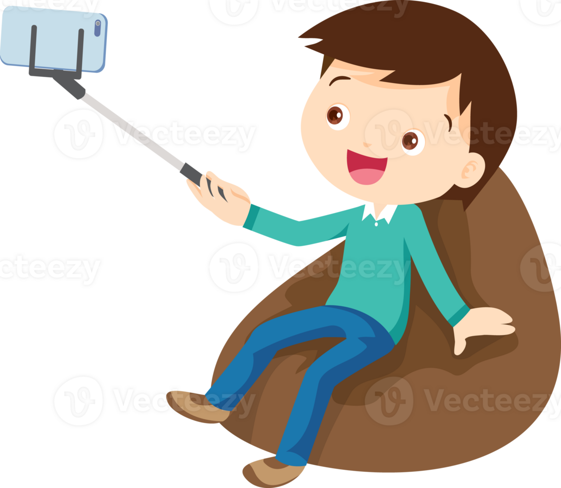 child relax with mobile gadget sitting on beanbag png
