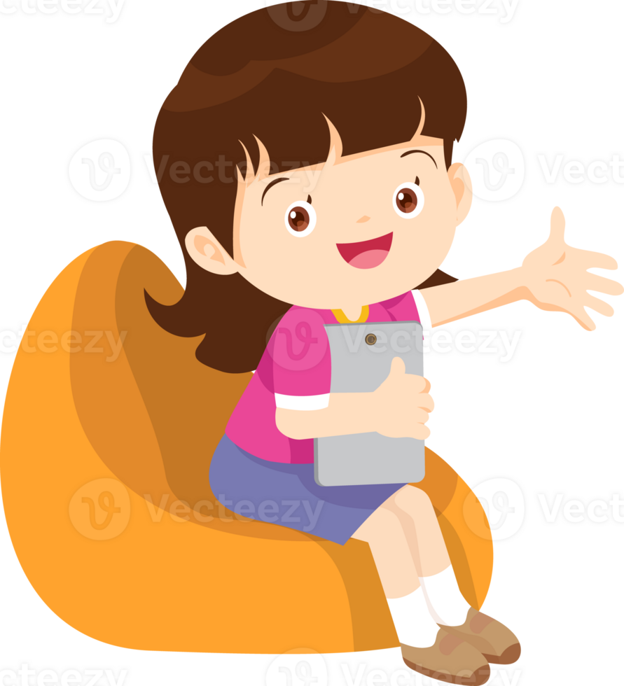 child relax with mobile gadget sitting on beanbag png
