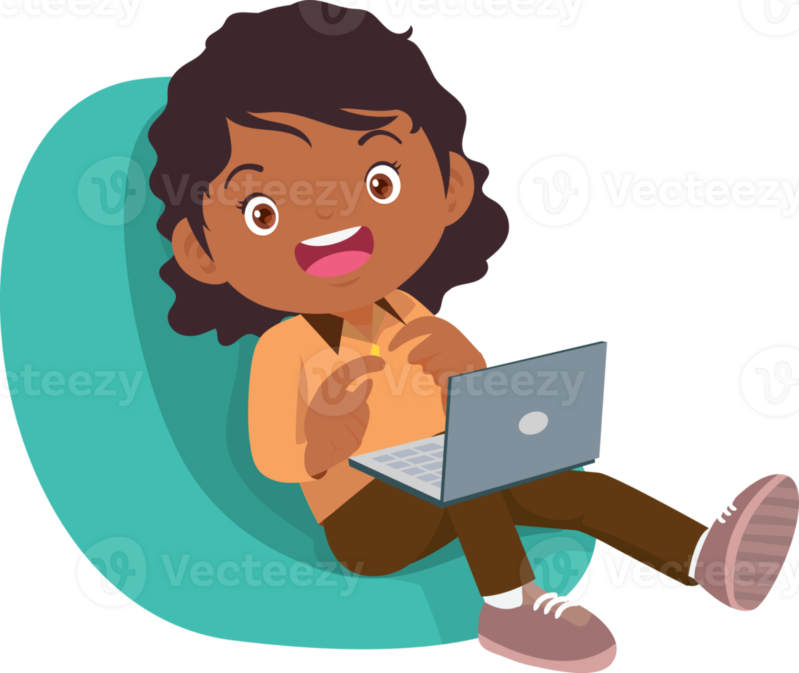 child relax with mobile gadget sitting on beanbag png