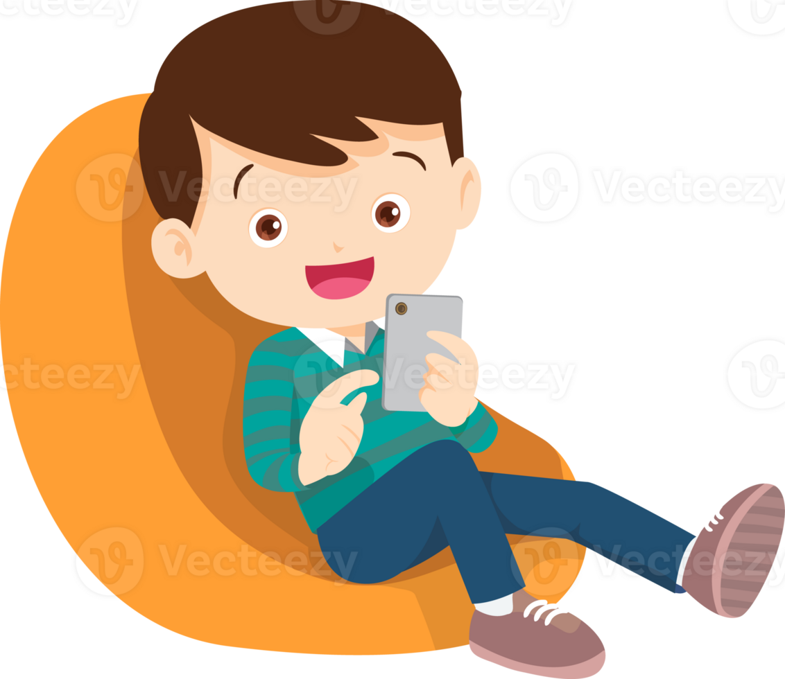 child relax with mobile gadget sitting on beanbag png