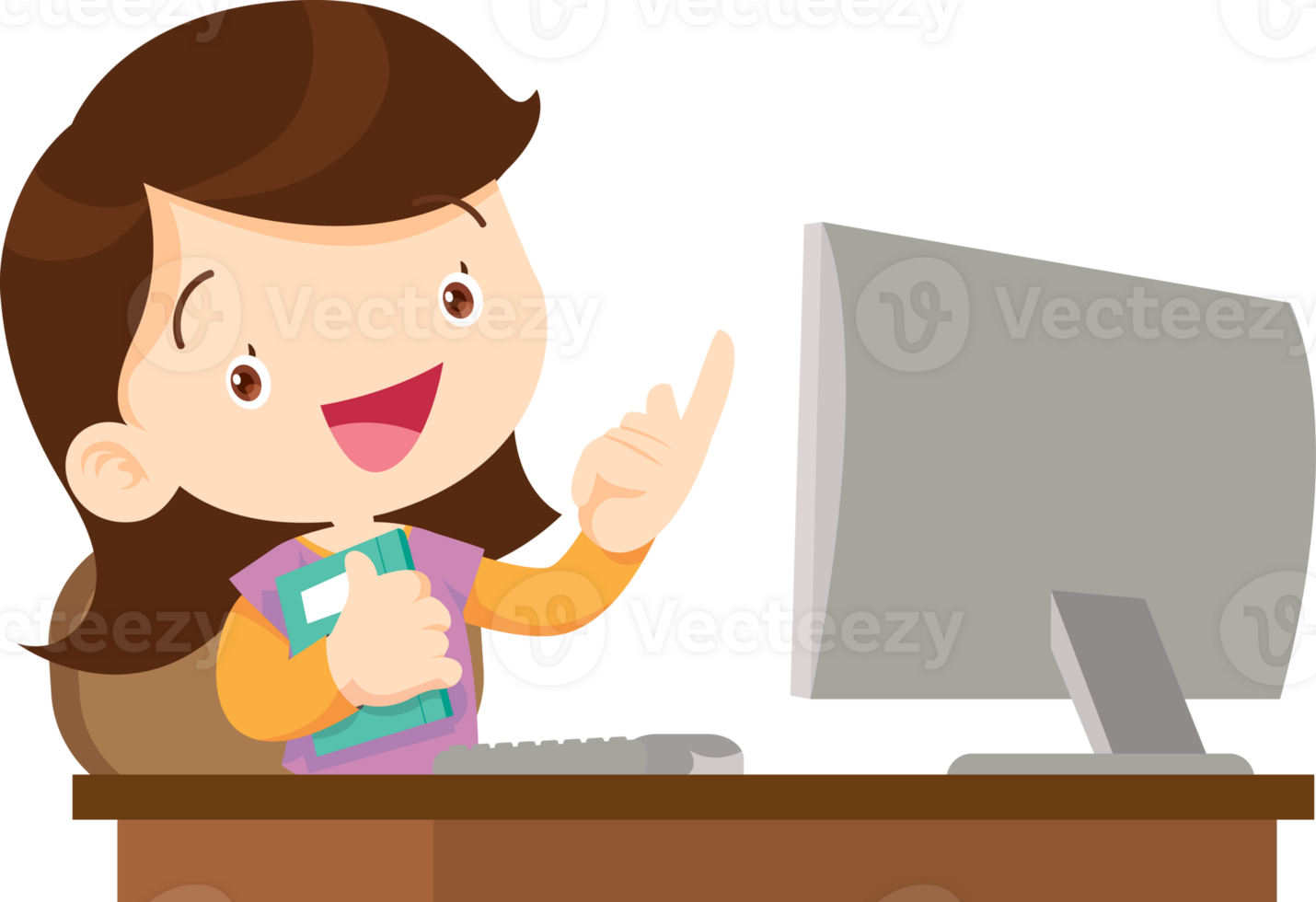 cute child sitting use computer to study png