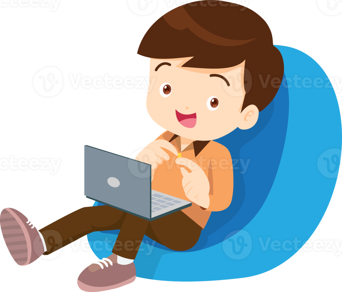 child relax with mobile gadget sitting on beanbag png