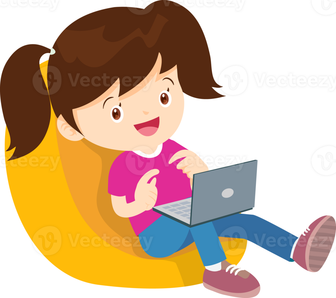 child relax with mobile gadget sitting on beanbag png