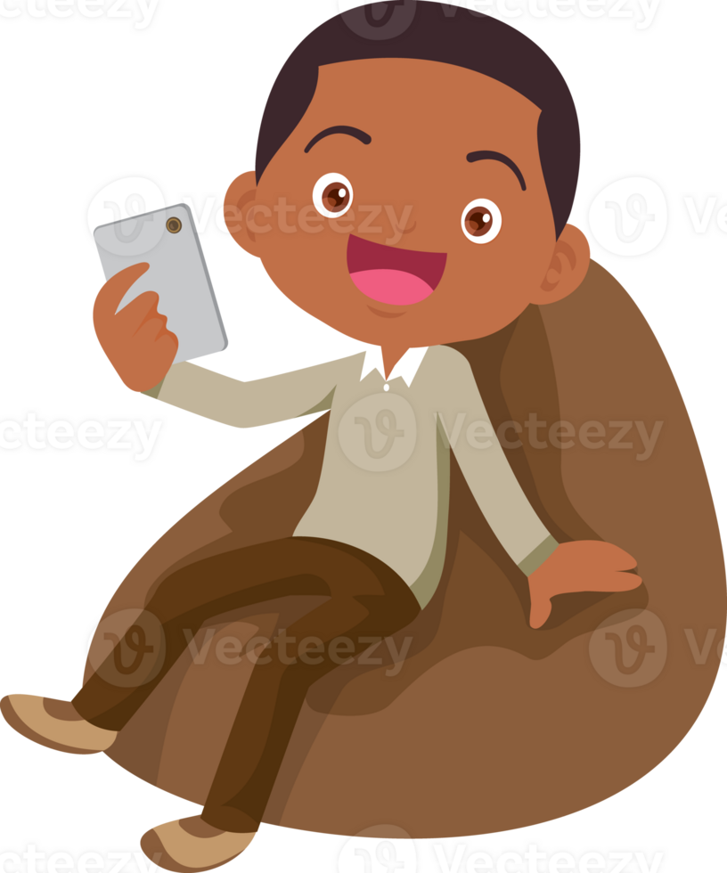 child relax with mobile gadget sitting on beanbag png